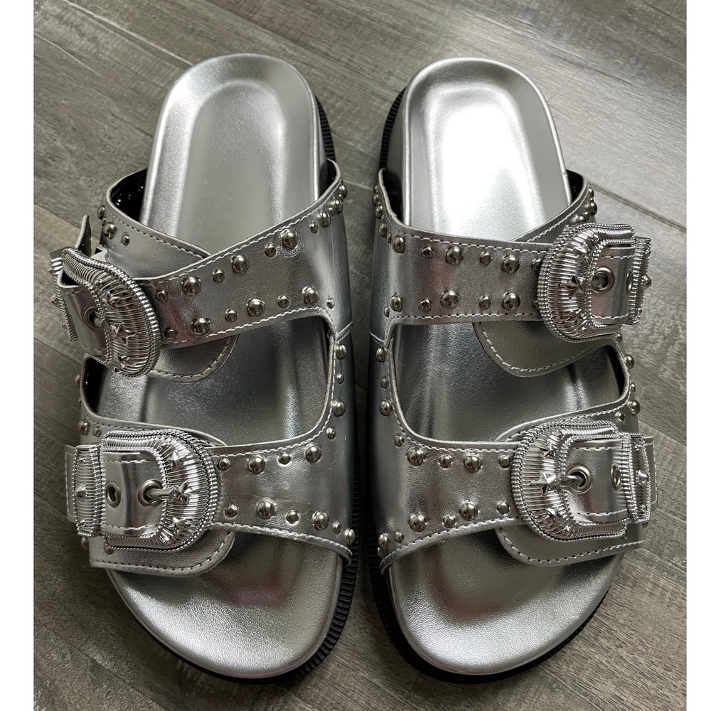 Silver Metallic Studded Papete Sandals Western Buckle Slides 6 Brazil Like New